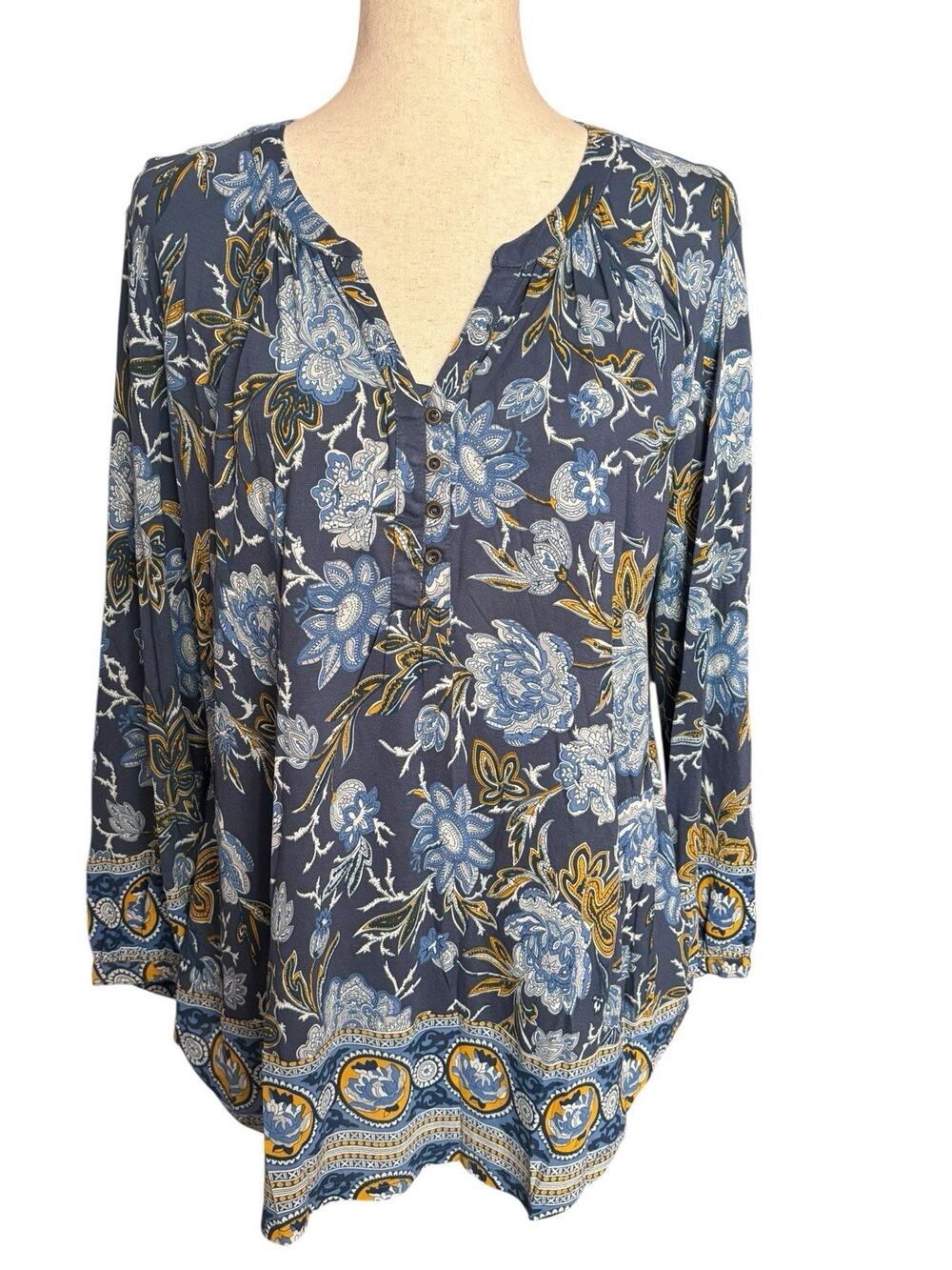 Lucky Brand Sz XL Floral Henley Blue Yellow White Viscose Knit Tunic Top EUC
